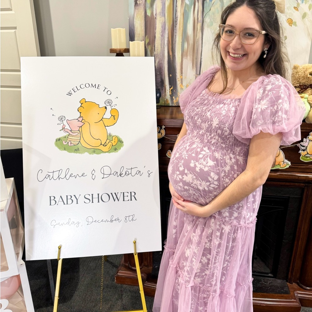 Pinkblush Mauve Floral Smocked Tulle Maternity Midi Dress